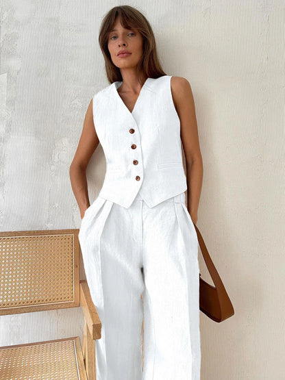 Linen Cotton Chic Vest ＆ Pants Suit Two-Piece Set
