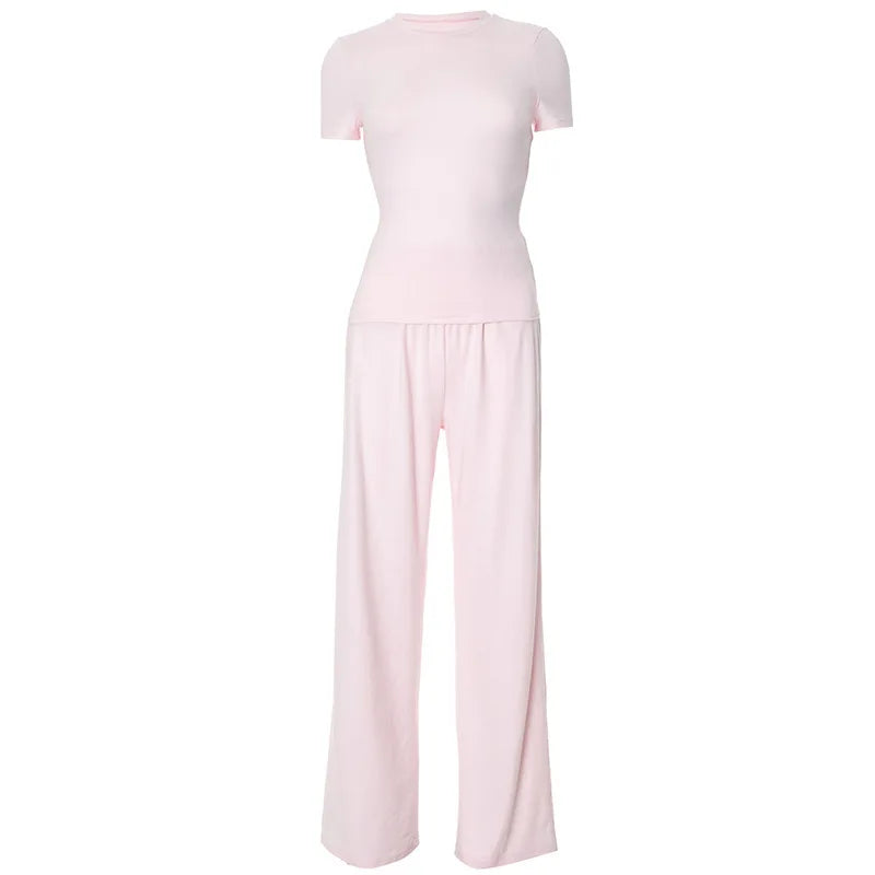 Elastic Waist Pants Set Round Neck Short