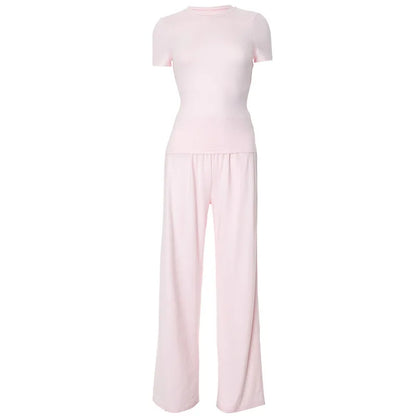 Elastic Waist Pants Set Round Neck Short