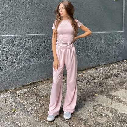 Elastic Waist Pants Set Round Neck Short