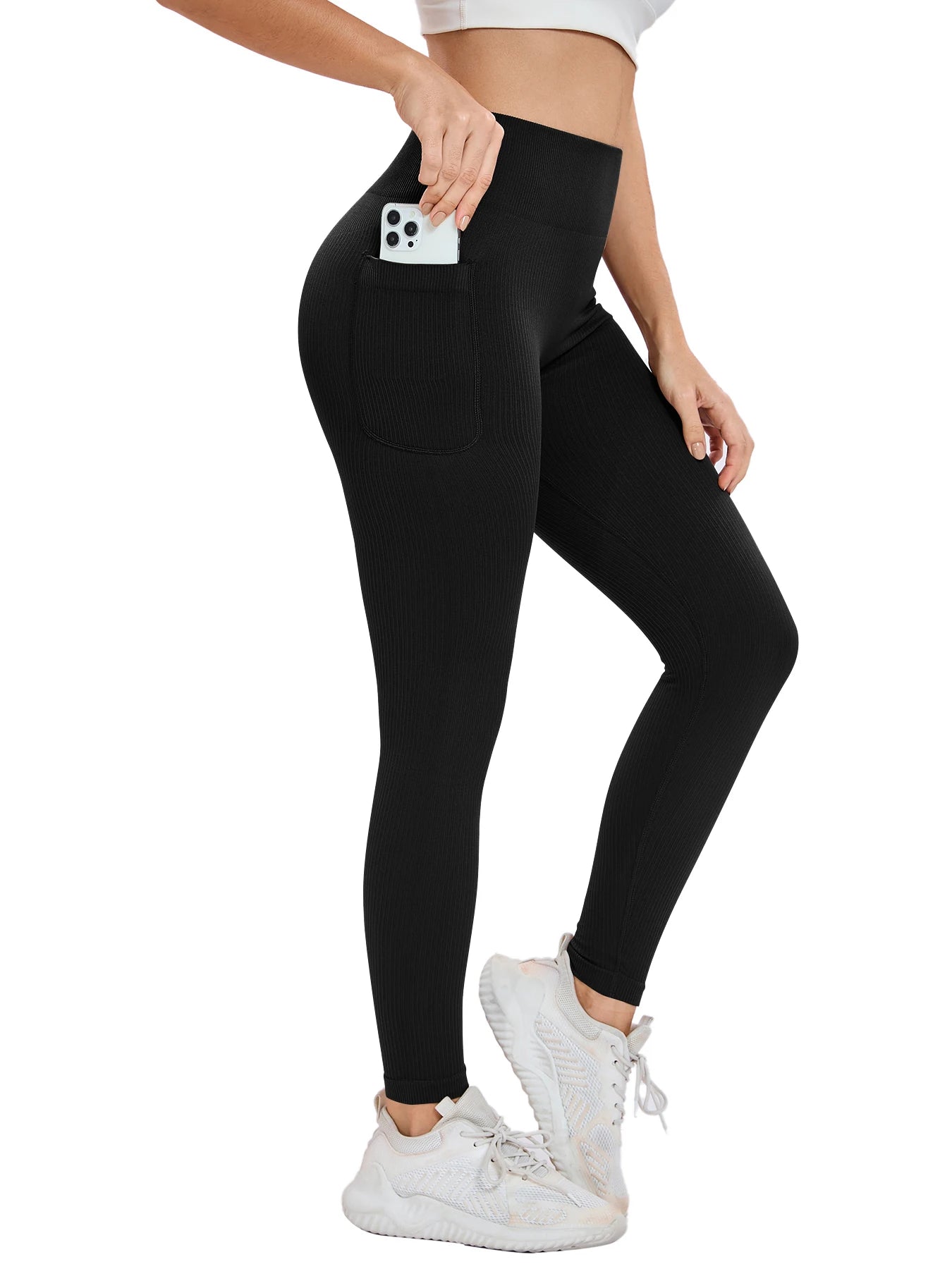 Women's solid color threaded sports leggings seamless cross-border yoga pants high-waisted fitness pants Yoga wear with pocket