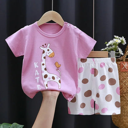 2-Piece Summer Cotton T-Shirt & Shorts Set for Toddlers – Unisex Cartoon Print Outfit