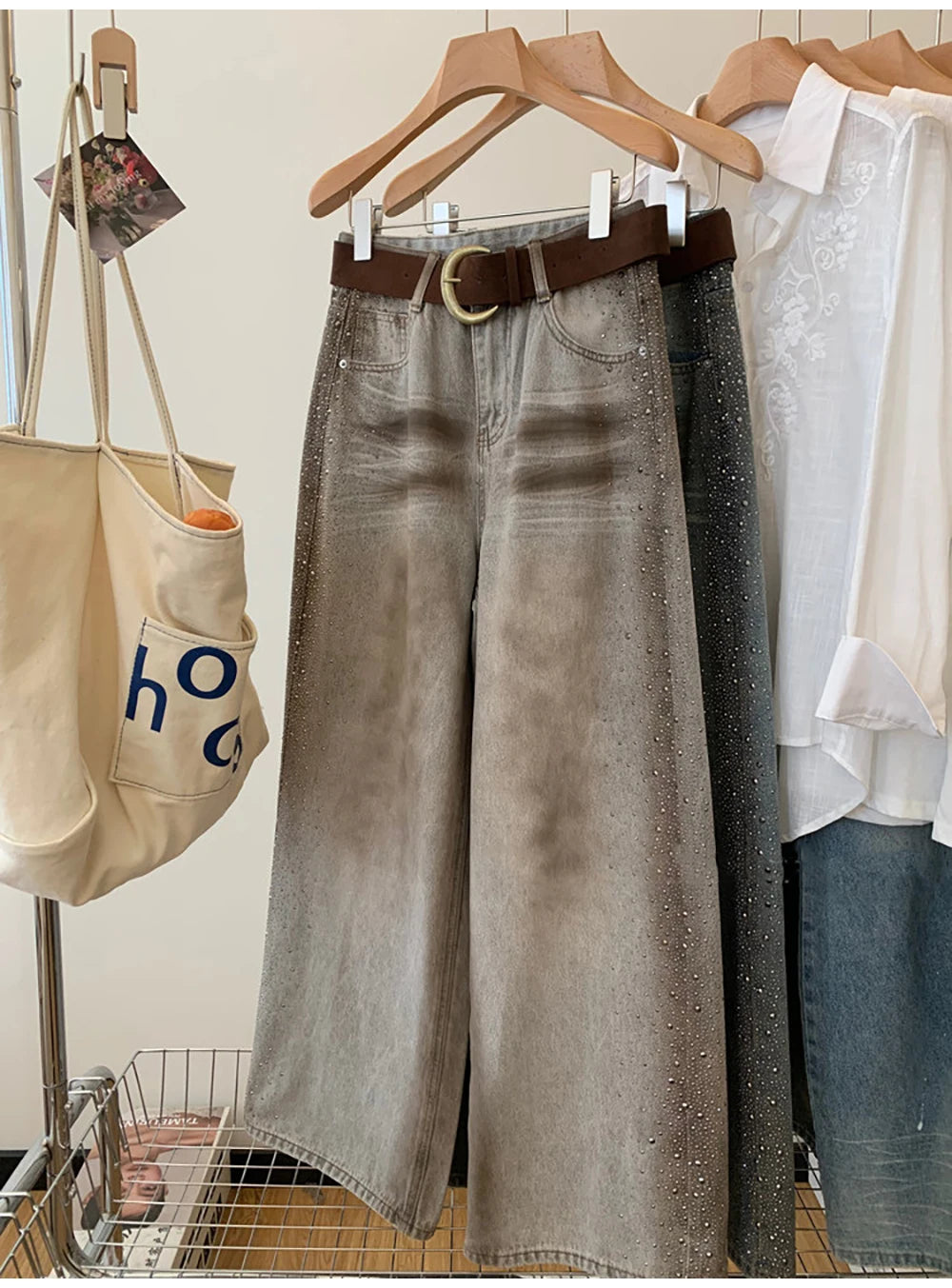 Rhinestone Wide Leg Denim Pants