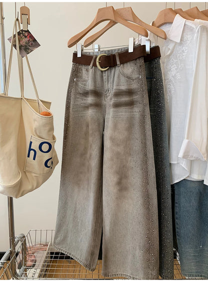 Rhinestone Wide Leg Denim Pants