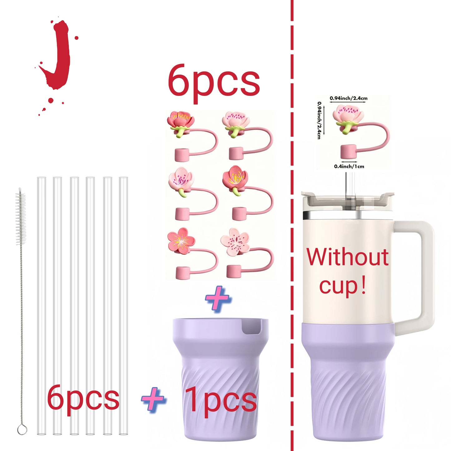 13pcs accessories for Stanley 40oz thermos cup, flower straw covers, 10mm straws, silicone cup sleeves and cleaning brushes.