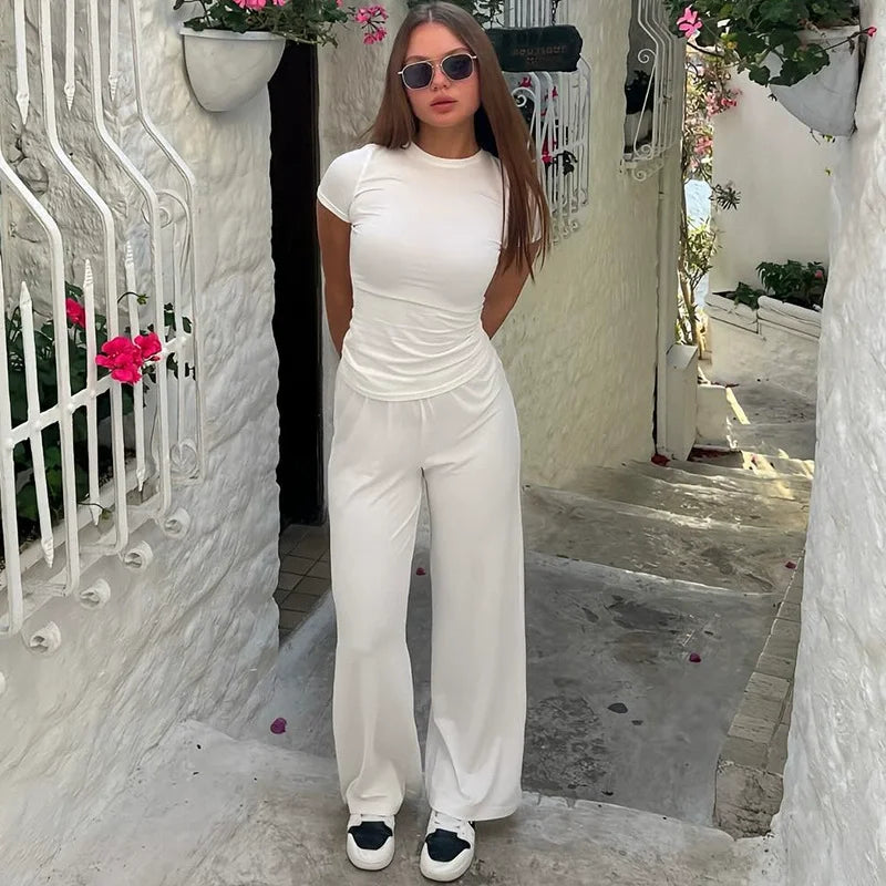 Elastic Waist Pants Set Round Neck Short