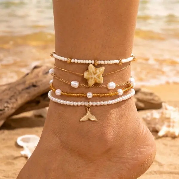 Bohemia Multilayer Rice Bead Anklet Set
