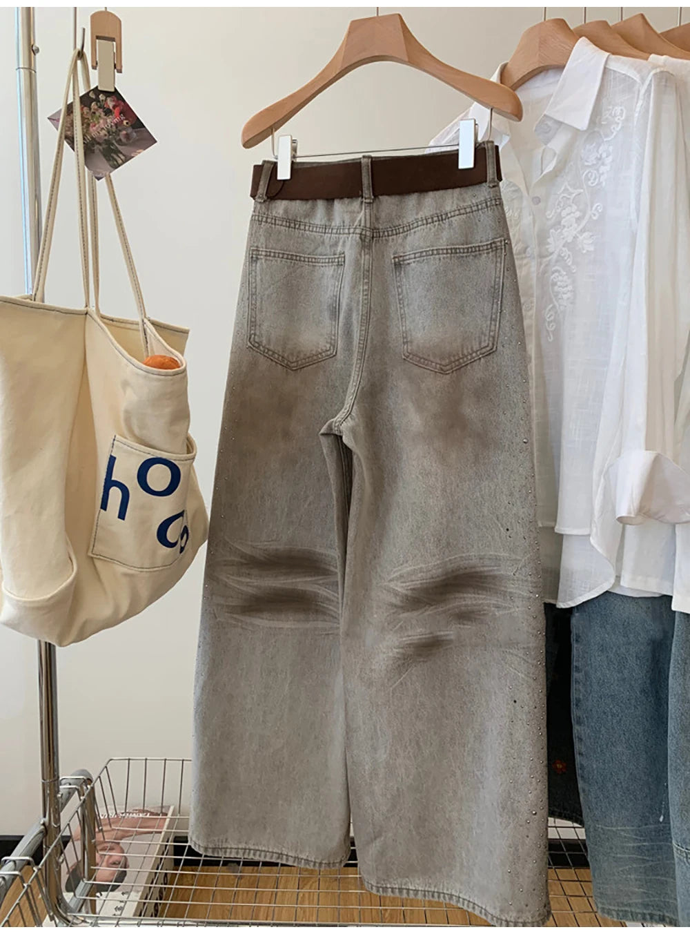 Rhinestone Wide Leg Denim Pants