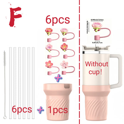 13pcs accessories for Stanley 40oz thermos cup, flower straw covers, 10mm straws, silicone cup sleeves and cleaning brushes.