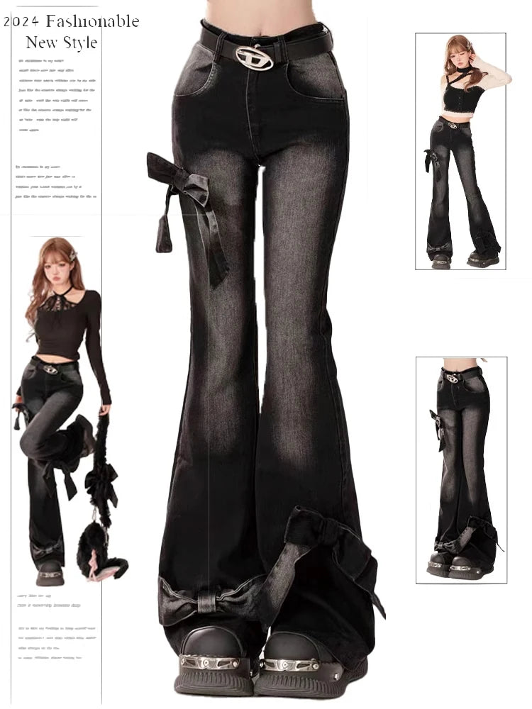 Vintage Bow Denim Flare Pants