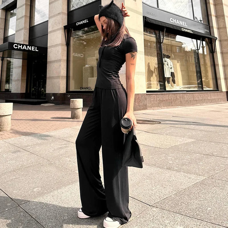 Elastic Waist Pants Set Round Neck Short