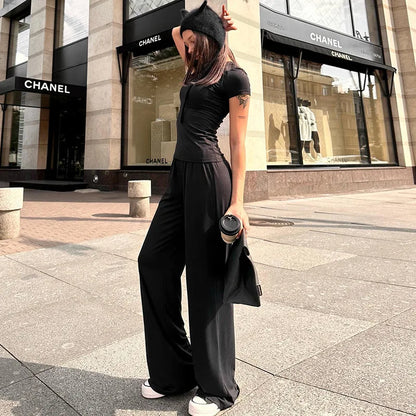 Elastic Waist Pants Set Round Neck Short
