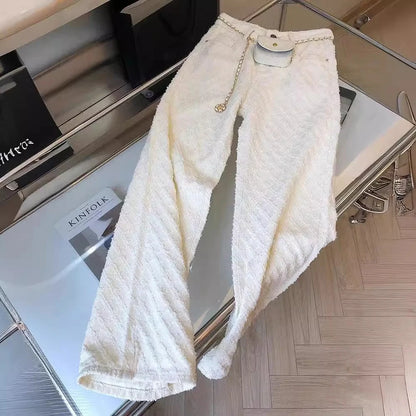 White Plaid Straight Loose Pants