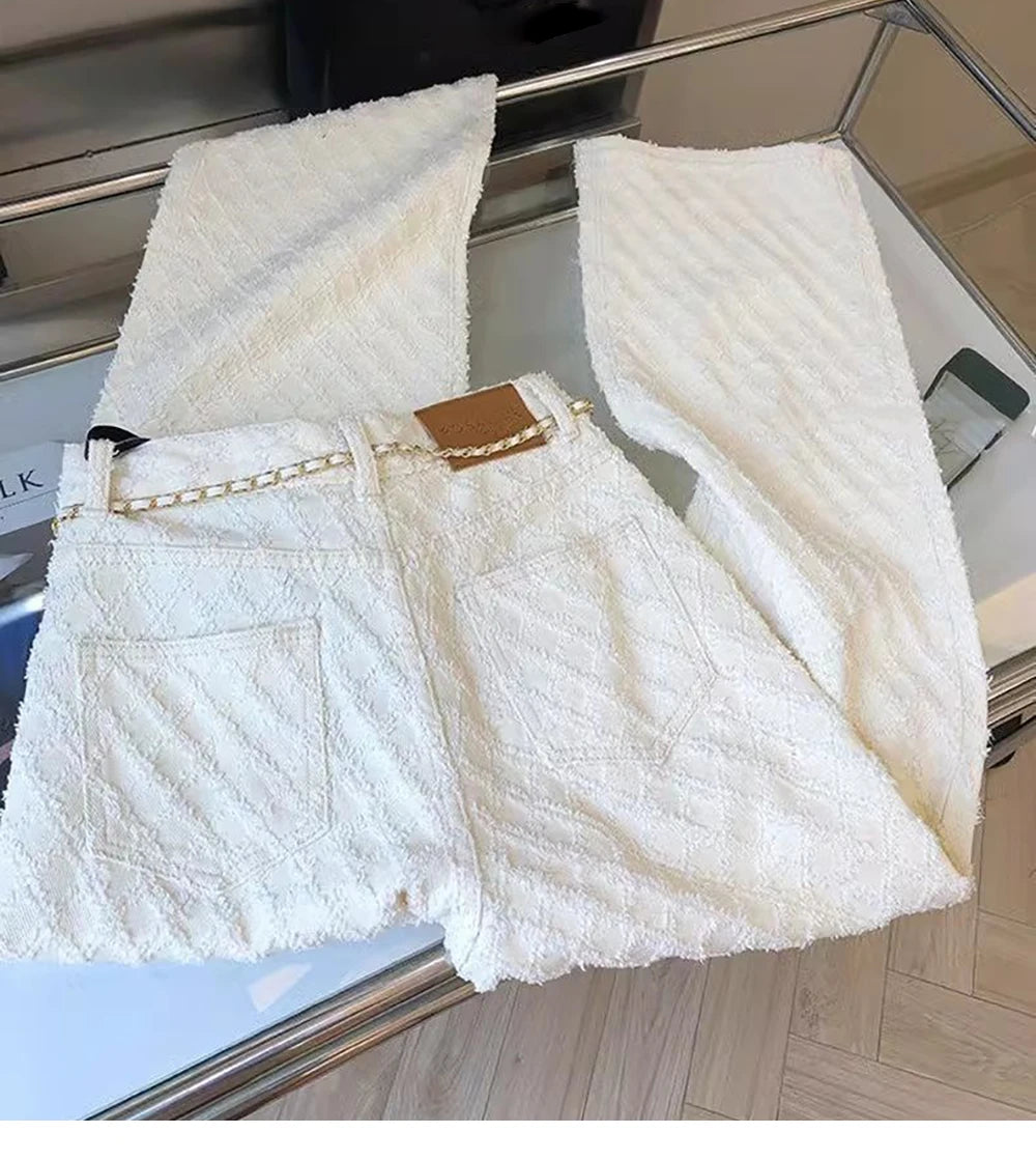 White Plaid Straight Loose Pants