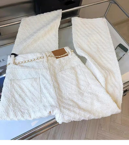 White Plaid Straight Loose Pants