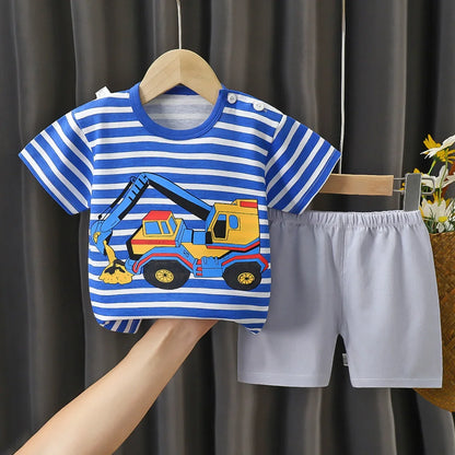 2-Piece Summer Cotton T-Shirt & Shorts Set for Toddlers – Unisex Cartoon Print Outfit