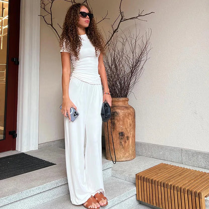Elastic Waist Pants Set Round Neck Short