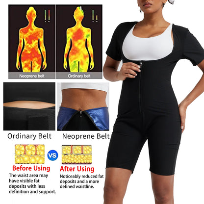 Women Sauna Suit Full Body Shaper 3 in 1 Sweat Vest Waist Trainer Zipper Slimming Bodysuit Shapewear Workout with Sleeve Shorts