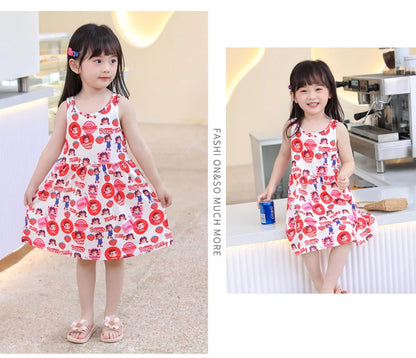 Cute Summer Cartoon Print Dress for Girls – Sleeveless A-Line Princess Outfit
