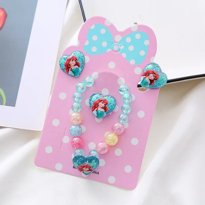 Kawaii Disney Frozen Elsa Girls Bracelet Ear Clip Ring Set Disney Princess Bracelet Cartoon Toys Kids Girls Jewelry Gifts