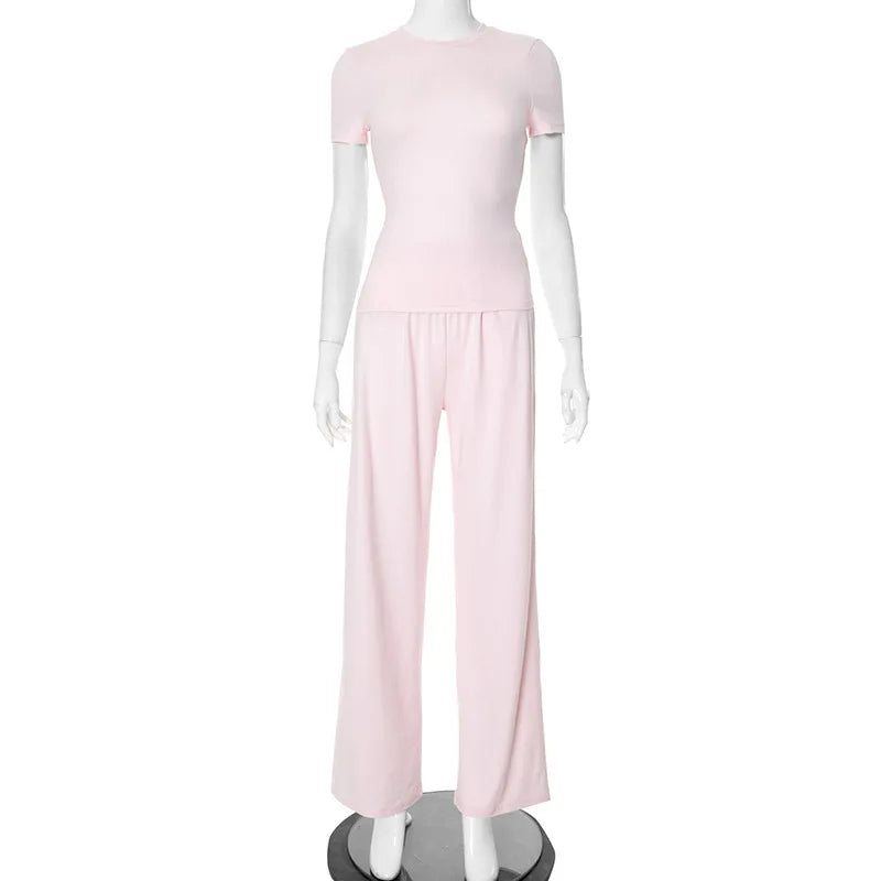Elastic Waist Pants Set Round Neck Short