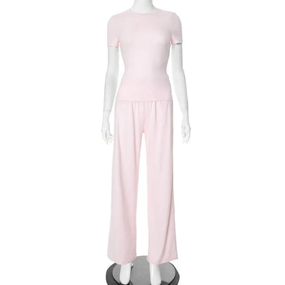 Elastic Waist Pants Set Round Neck Short