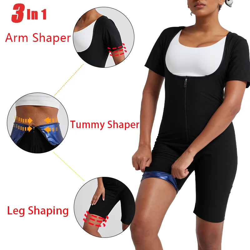 Women Sauna Suit Full Body Shaper 3 in 1 Sweat Vest Waist Trainer Zipper Slimming Bodysuit Shapewear Workout with Sleeve Shorts