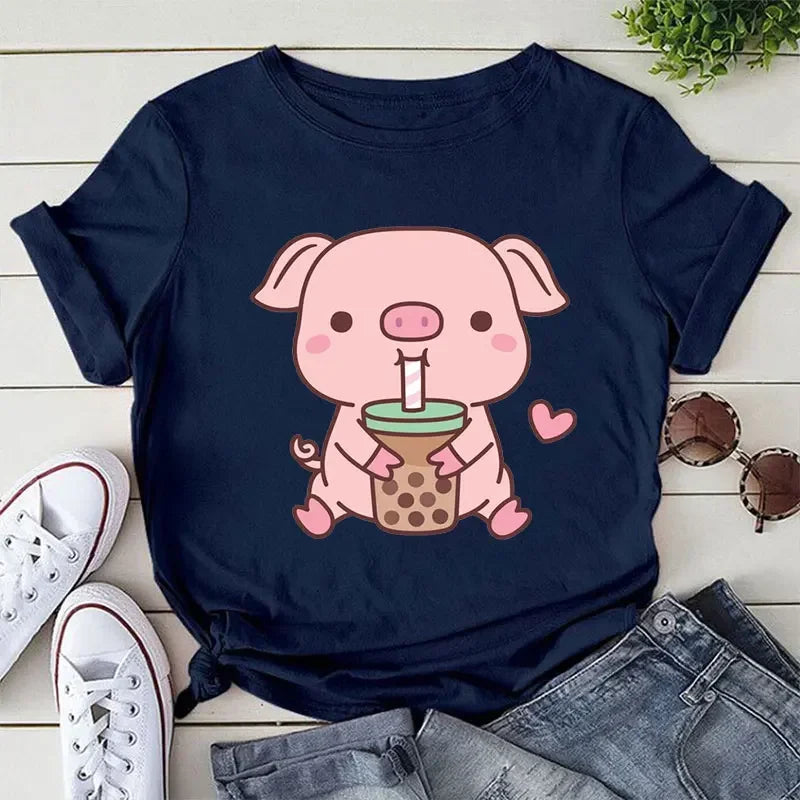 Pig Boba Tea Print Women Casual T-shirts Kawaii Pink Pig Tshirts Oversize Fashion Trend Tee Tops