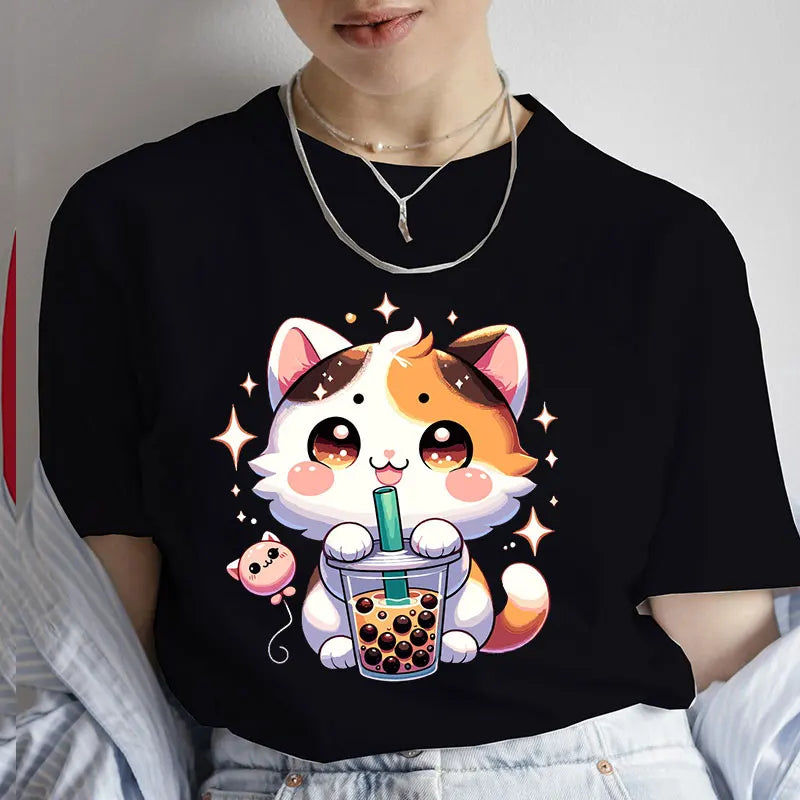 Casual Kawaii Boba Milk Tea Print Tshirt Bubble Tea Cartoon