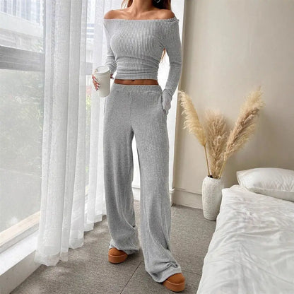 Off Shoulder Long Sleeve Top Wide Leg Pants Set