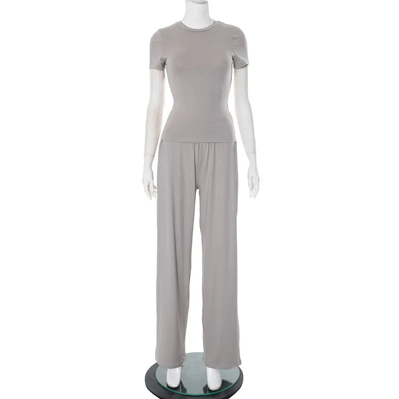 Elastic Waist Pants Set Round Neck Short