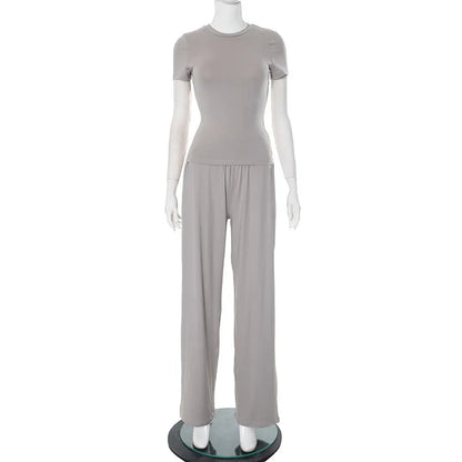 Elastic Waist Pants Set Round Neck Short