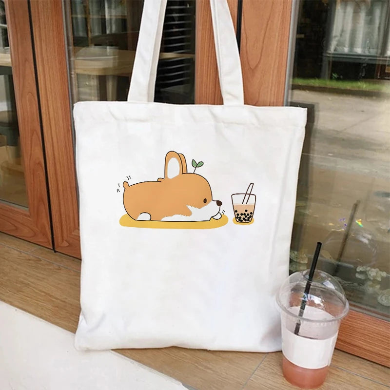 Canvas Tote Bag for Women Cute Dog Boba Tea Handbag