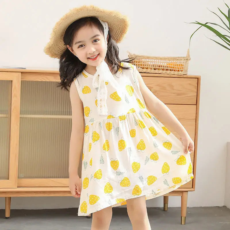 Summer Girls’ Floral Princess Dress – Sleeveless Cotton & Polyester Blend
