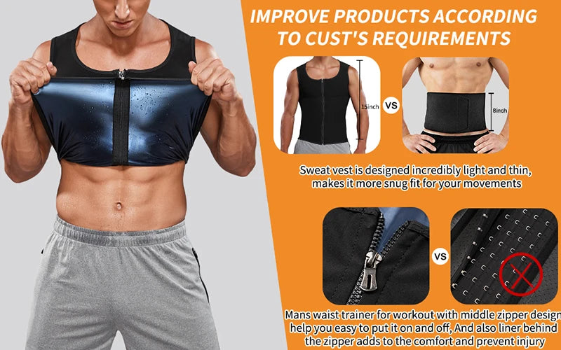 Men Body Shaper Sauna Heat Trapping Sweat Enhancing Vest Workout Gym Slimming Compression Suit Waist Trainer Corset with Zipper