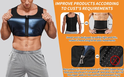 Men Body Shaper Sauna Heat Trapping Sweat Enhancing Vest Workout Gym Slimming Compression Suit Waist Trainer Corset with Zipper