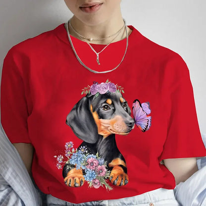 Fashion Cartoon Dachshund Clothes Graphic Dog Lover Print T Shirt