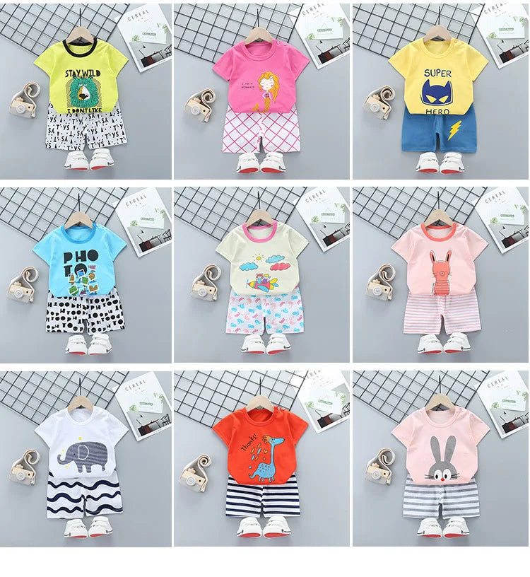 2-Piece Summer Cotton T-Shirt & Shorts Set for Toddlers – Unisex Cartoon Print Outfit