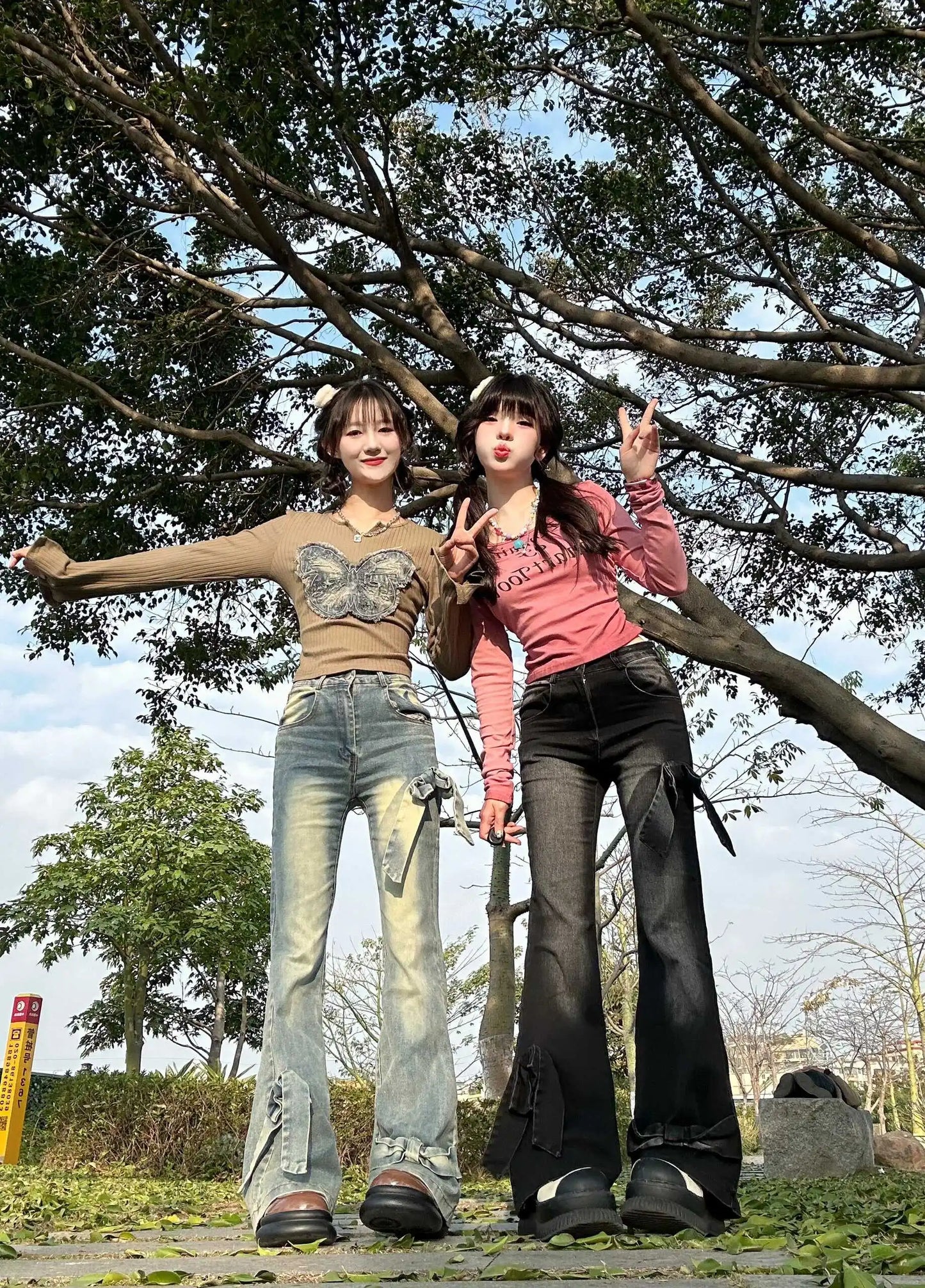 Vintage Bow Denim Flare Pants