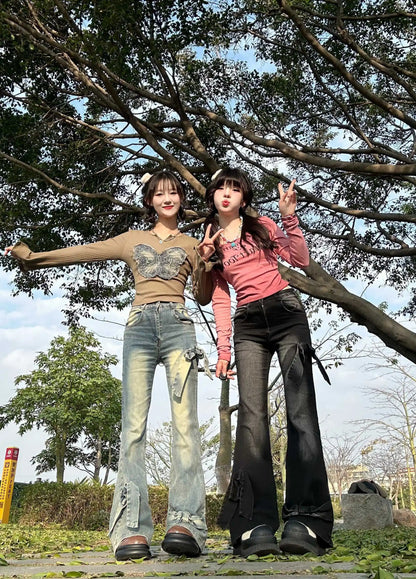 Vintage Bow Denim Flare Pants