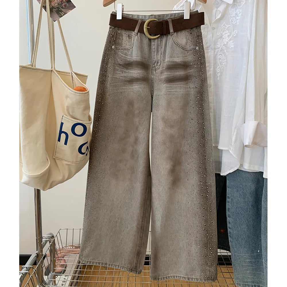 Rhinestone Wide Leg Denim Pants
