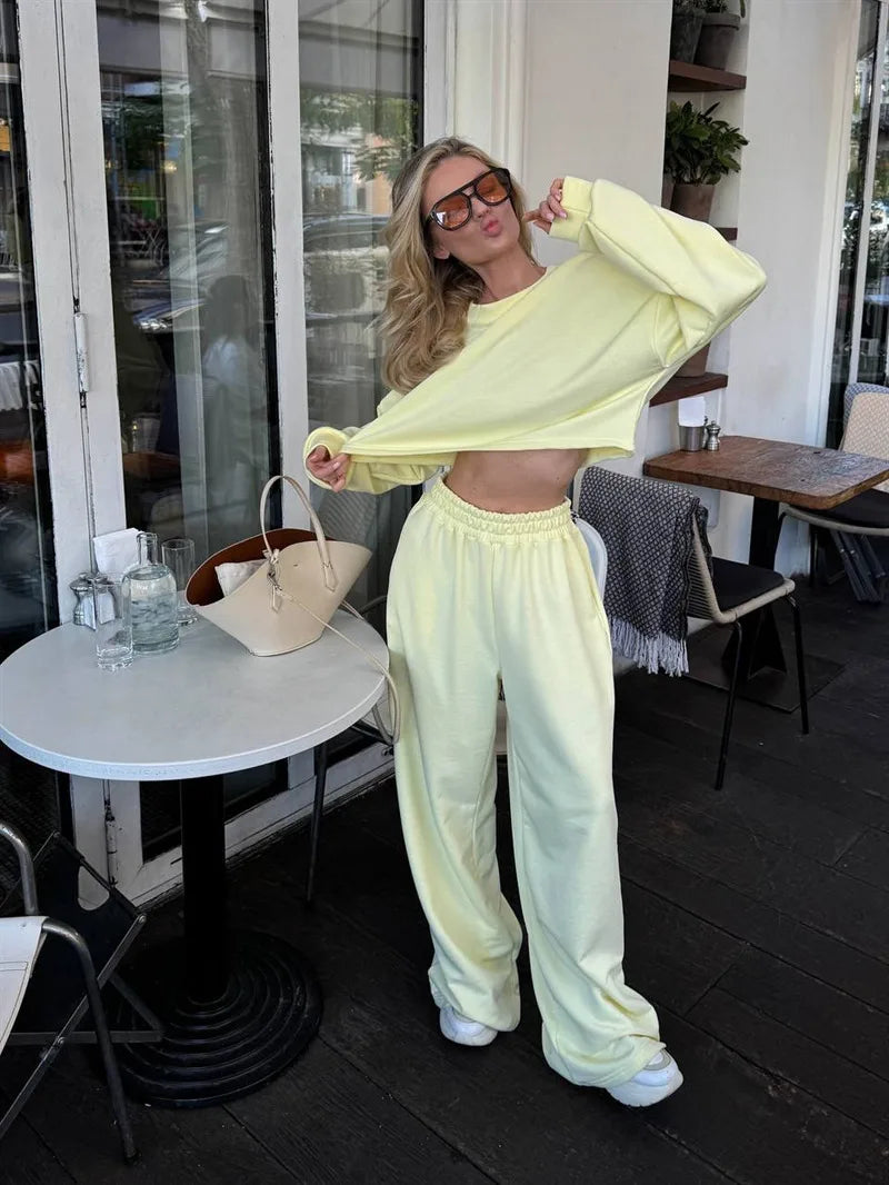 Casual Elastic Wide Leg Pants 2 Pieces Sets