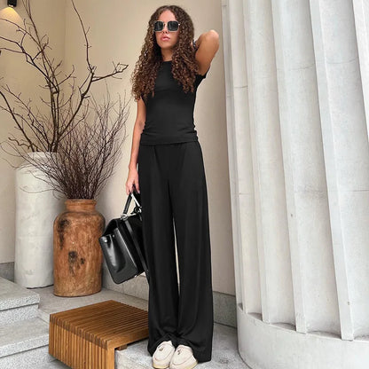 Elastic Waist Pants Set Round Neck Short