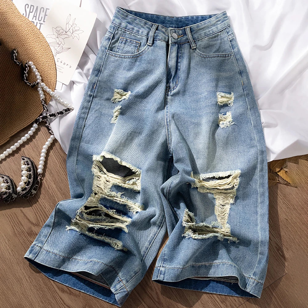 Ripped Holes Denim Shorts for Women
