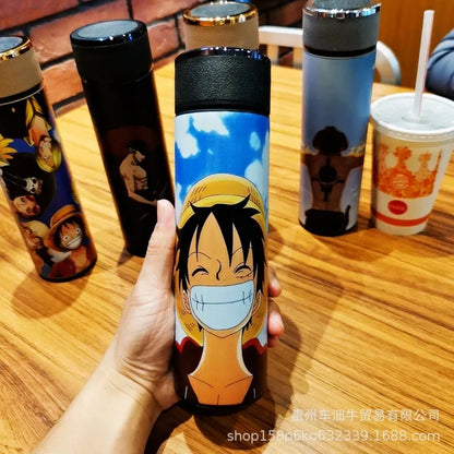 Japan Anime One Piece 304 Stainless Steel Thermos Cup Cartoon Pattern Luffy Roronoa Zoro Action Figure High Capacity Water Cup