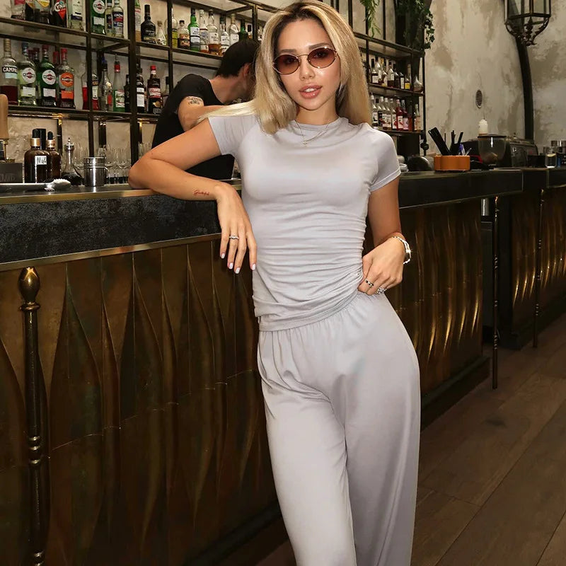 Elastic Waist Pants Set Round Neck Short