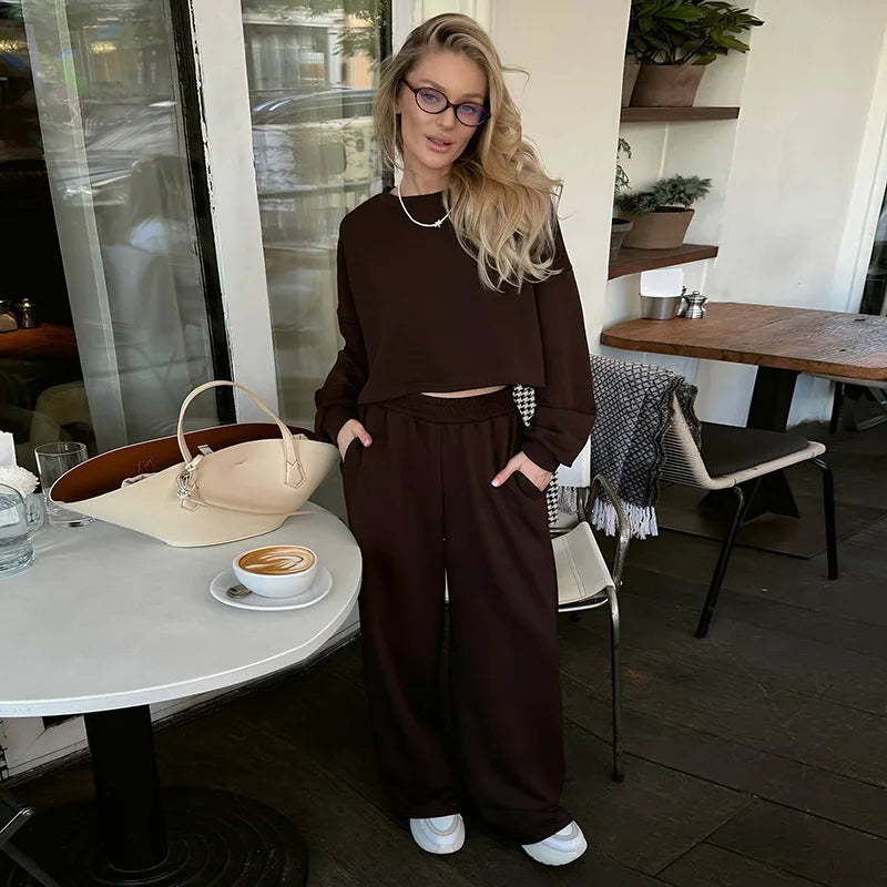 Casual Elastic Wide Leg Pants 2 Pieces Sets