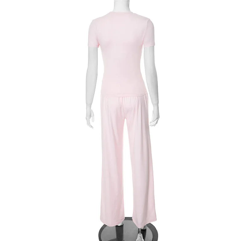 Elastic Waist Pants Set Round Neck Short