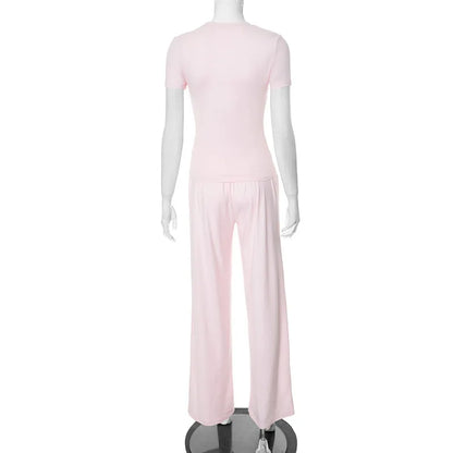 Elastic Waist Pants Set Round Neck Short