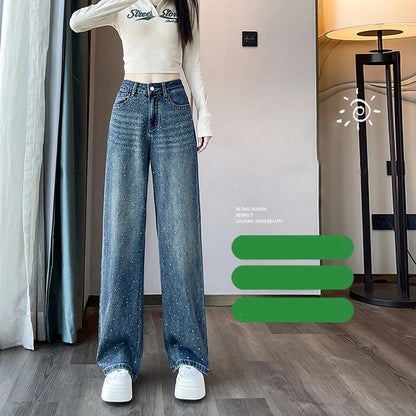 High Waist Loose Hot Stamping Diamond Denim Pants